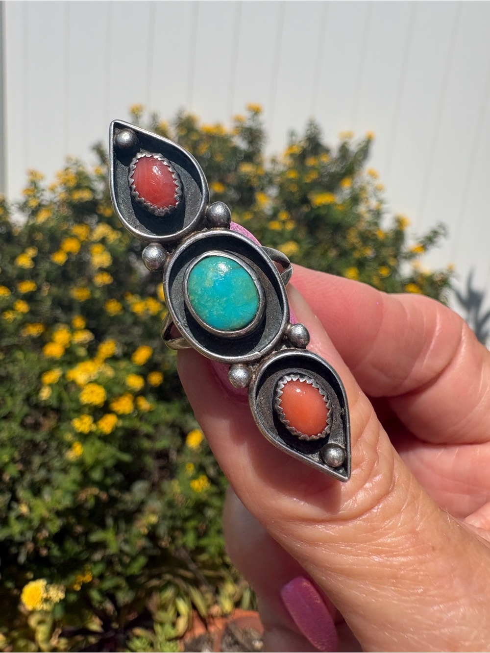 Sterling Turquoise & Coral Ring